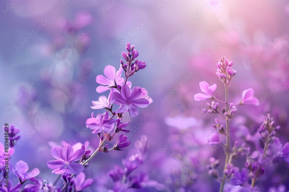 Fototapeta premium Sun behind purple flowers in field