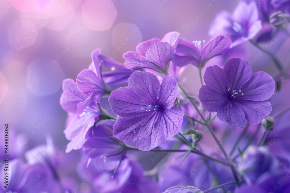 Vase holds purple flowers, background blurry Vase holds purple flowers, background blurry