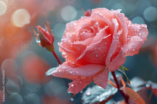 Rose water droplets on pink petal photo