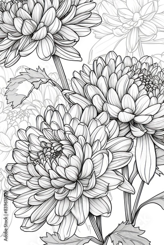 Black and white sketch of Chrysanthemum. Line drawing coloring book