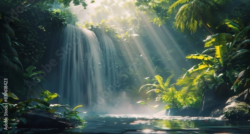 Lush Tropical Rainforest Waterfall With Sunlight Streaming Through Canopy