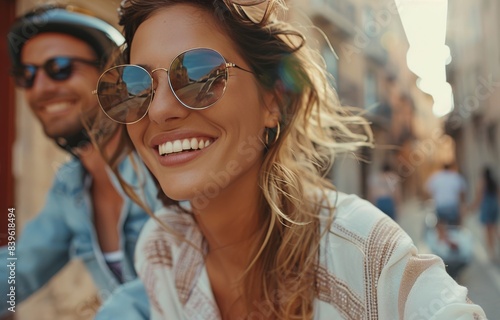 Happy Couple Riding Scooter Through Coastal Town at Sunset