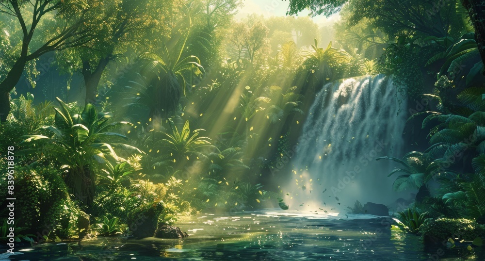 Fototapeta premium Lush Tropical Rainforest Waterfall With Sunlight Streaming Through Canopy