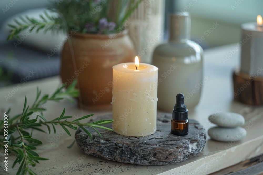 Candle, essential oil bottle on table Candle, essential oil bottle on table