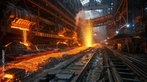A panoramic view of a steel mill or foundry with molten metal pouring into molds, illustrating global metallurgical production © Plaifah