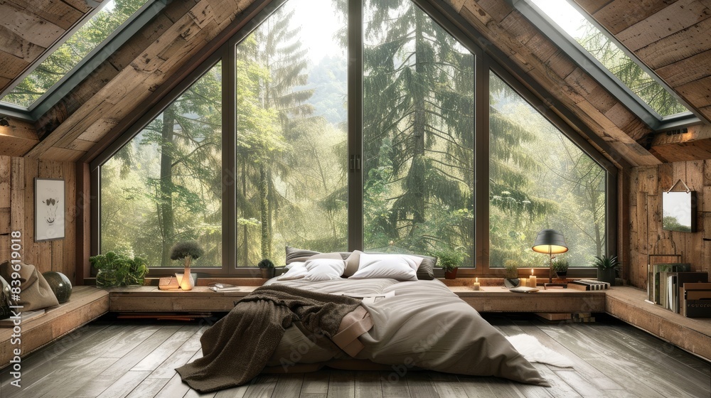 a large bedroom in an attic with a sloping roof and skylights. The interior design style is Scandinavian with white walls and a wooden floor. a large bedroom in an attic with a sloping roof and skylights. The interior design style is Scandinavian with white walls and a wooden floor.