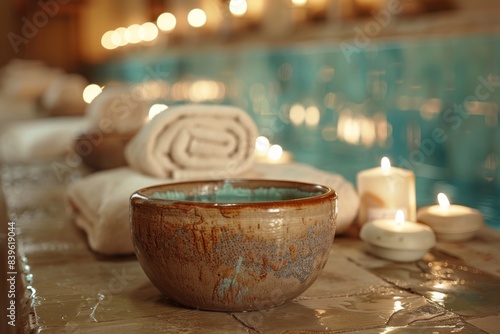 Lit candles in bowl by counter towels photo