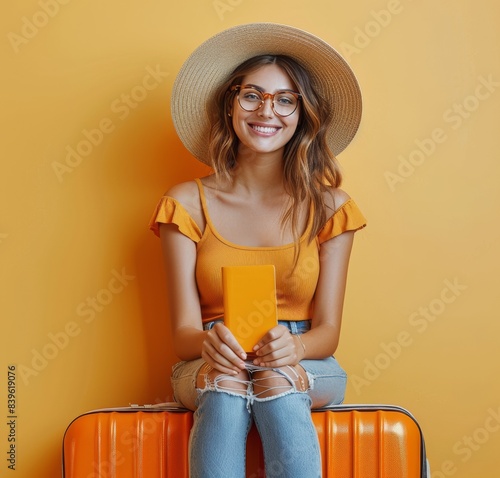 Woman in Straw Hat Sitting on a Suitcase, Ready for Travel