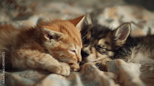 Adorable puppy and kitten lying together in a loving embrace