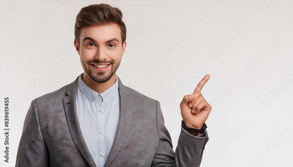 Cheerful Caucasian manager in grey suit pointing at free space isolated over white background Cheerful Caucasian manager in grey suit pointing at free space isolated over white background