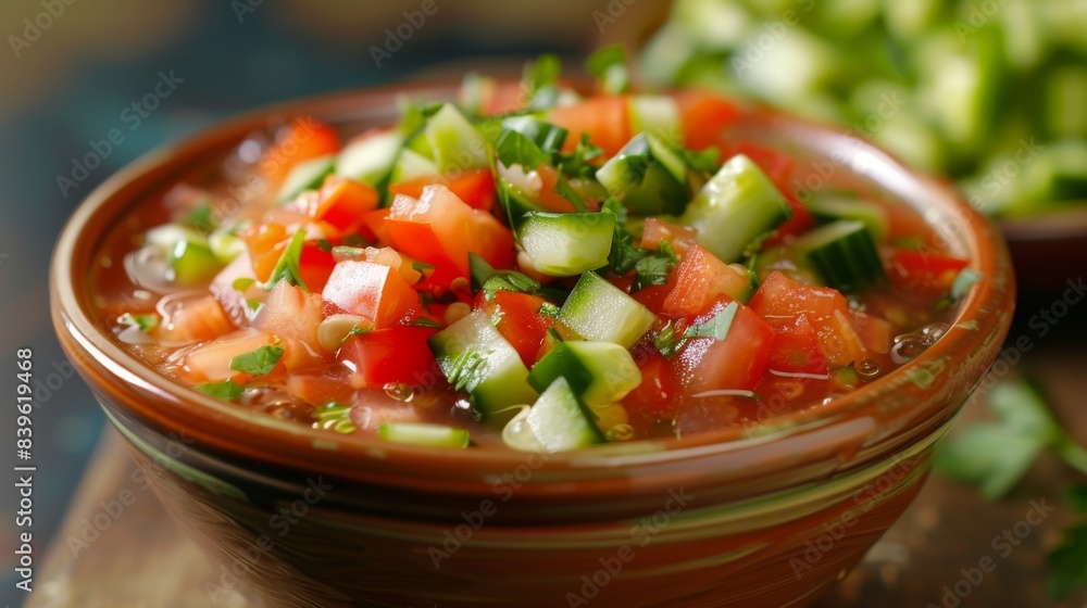 A refreshing gazpacho soup served in a chilled bowl, garnished with diced tomatoes, cucumbers, and bell peppers A refreshing gazpacho soup served in a chilled bowl, garnished with diced tomatoes, cucumbers, and bell peppers