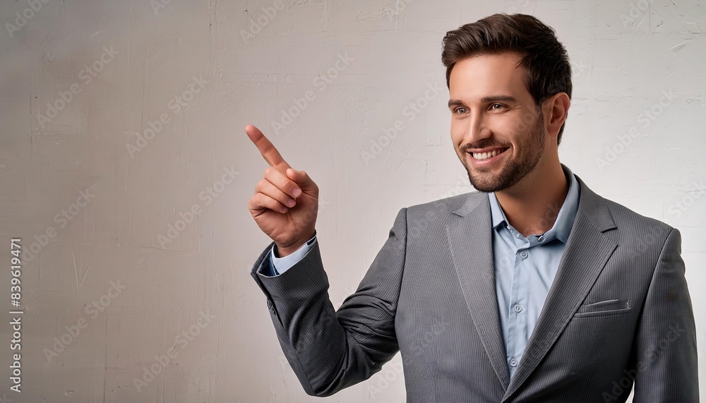 Cheerful Caucasian manager in grey suit pointing at free space isolated over white background Cheerful Caucasian manager in grey suit pointing at free space isolated over white background