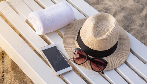 Hat, smartphone, suntan lotion, sunglasses, towel lie on a wooden white chaise longue in the sun photo