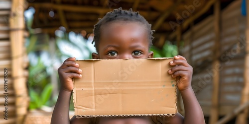 Adorable little African American kid holding a blank cardboard with copy space. Perfect for donation advertisements. Poverty and Mockup concept.