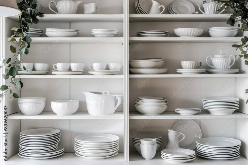 Dishware set in white shelving unit, tableware shelf, kitchen interior, clean white mugs, plates, glass tableware Dishware set in white shelving unit, tableware shelf, kitchen interior, clean white mugs, plates, glass tableware