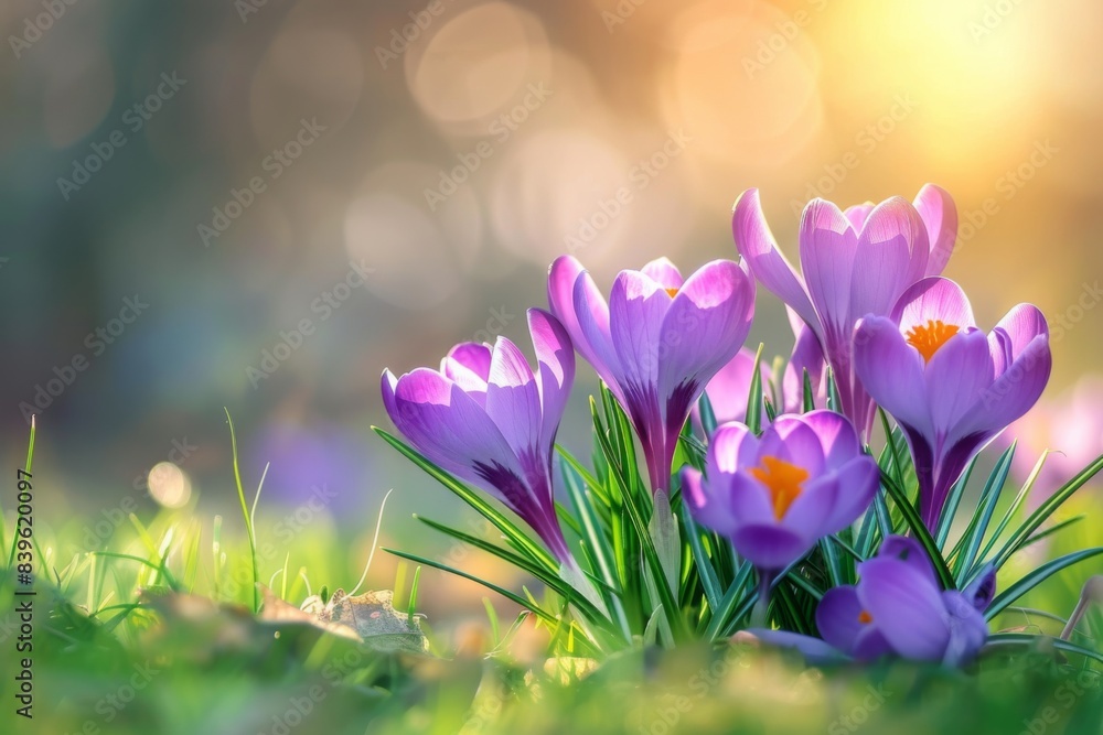 Purple flowers emerging grass under sunlight Purple flowers emerging grass under sunlight