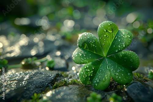 Four-leaf clover on wet rock photo