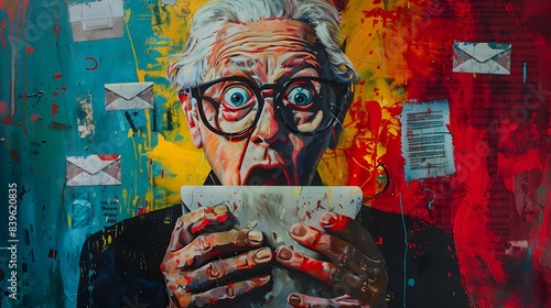 Vibrant Pop Art Portrayal of Phishing Scam Targeting Elderly with Double Exposure of Email and Shocked Expression in Mixed Media with Pointillism and