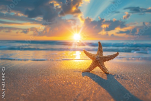 Sunset beach starfish with sun through clouds