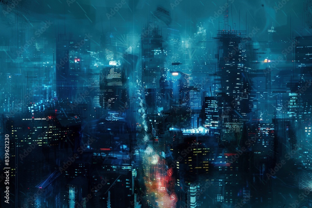 Fototapeta premium A vibrant Impressionist view of a nighttime cityscape, where buildings shimmer with a ghostly blue and grey glow.