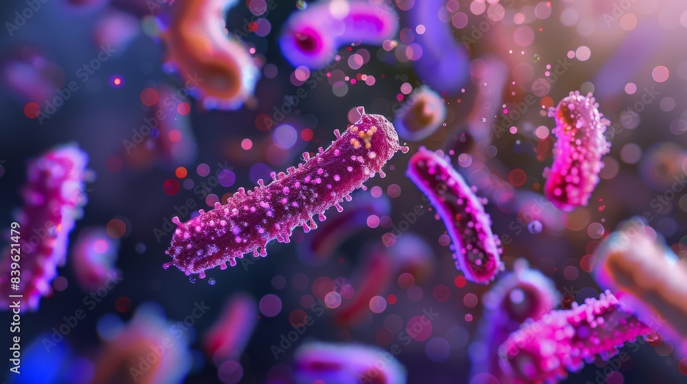 Fototapeta premium Microscopic view of colorful bacteria floating in a dark environment with vibrant light effects, showcasing their detailed structure.