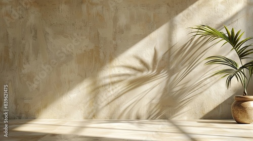 Minimal product placement background with palm shadow on beige plaster wall