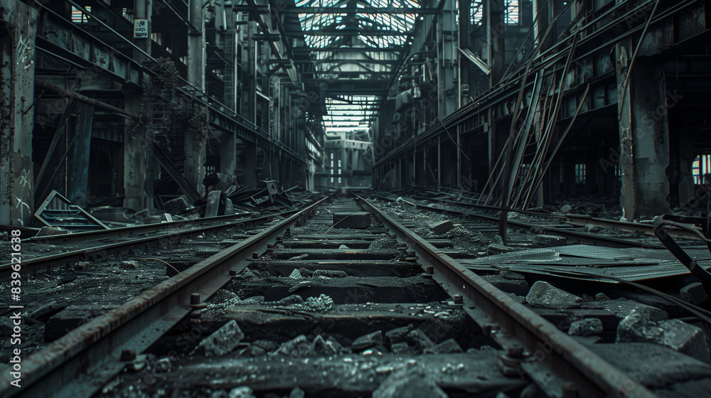 Obraz premium An abandoned industrial hall with destroyed railway tracks and burnt rubble, creating a dark, post-apocalyptic atmosphere and an image of the fall of civilization.