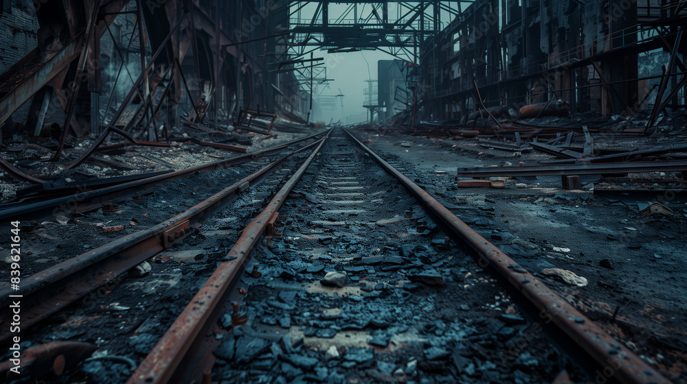 An abandoned industrial hall with destroyed railway tracks and burnt rubble, creating a dark, post-apocalyptic atmosphere and an image of the fall of civilization. An abandoned industrial hall with destroyed railway tracks and burnt rubble, creating a dark, post-apocalyptic atmosphere and an image of the fall of civilization.