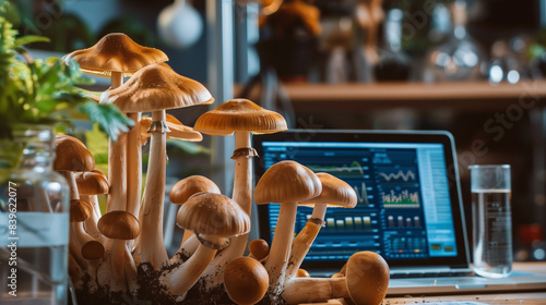 Laboratory scene with mushrooms and a laptop displaying growth data graphs indicating mushroom research and analysis. photo