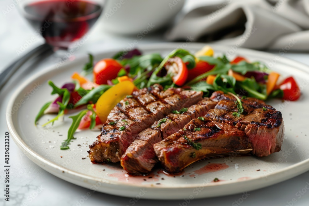 Juicy sliced steak with vegetable salad and a glass of red wine. Food Photography Juicy sliced steak with vegetable salad and a glass of red wine. Food Photography
