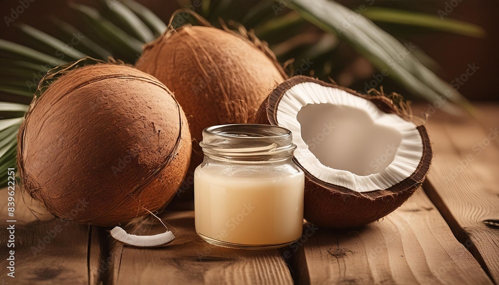 Coconut oil in jar and fresh coconuts on wooden background Coconut oil in jar and fresh coconuts on wooden background