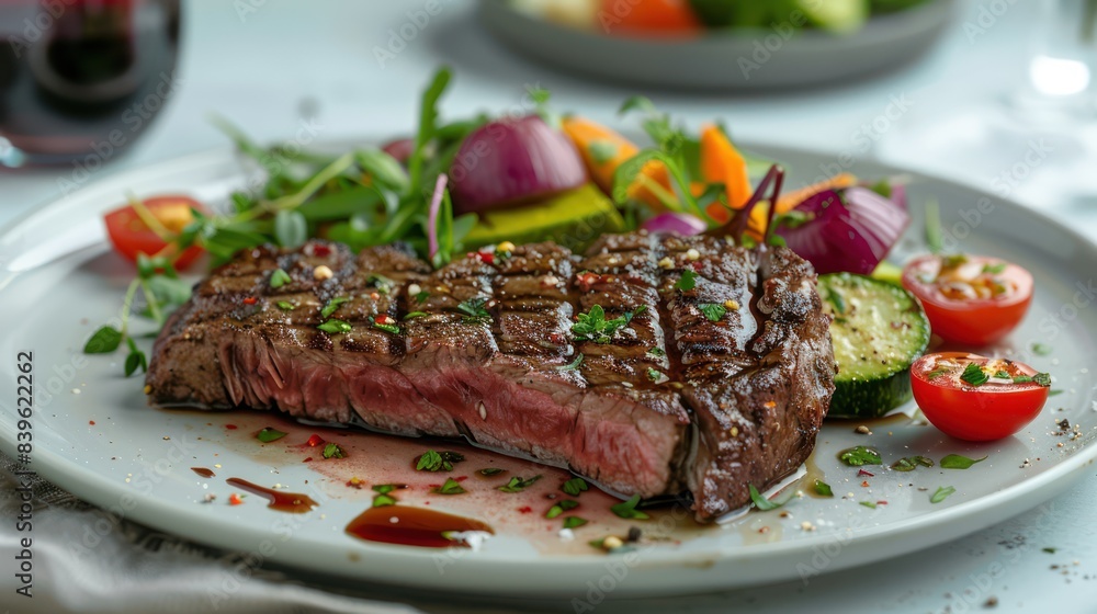 Juicy sliced steak with vegetable salad and a glass of red wine. Food Photography Juicy sliced steak with vegetable salad and a glass of red wine. Food Photography