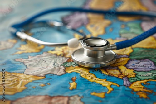 Stethoscope on map of Europe with blue handle