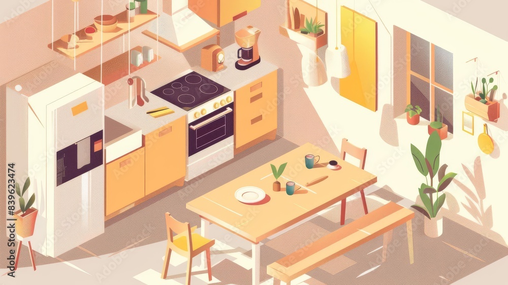 Fototapeta premium Isometric illustration of a cozy kitchen with wooden furniture and plants.