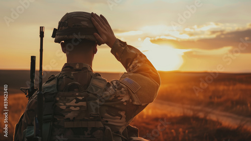 American soldier saluting the American flag during sunset Generative AI