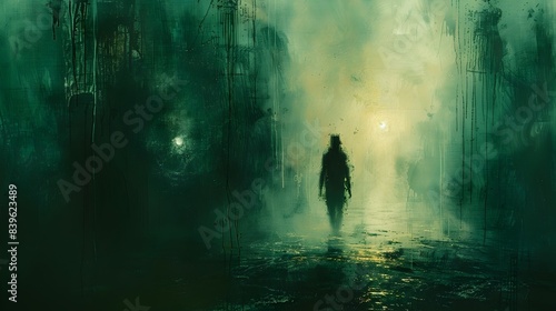 Solitary Silhouette in Ominous Digital Landscape - Eerie Surreal Scene Evoking Feelings of Unease and Dread