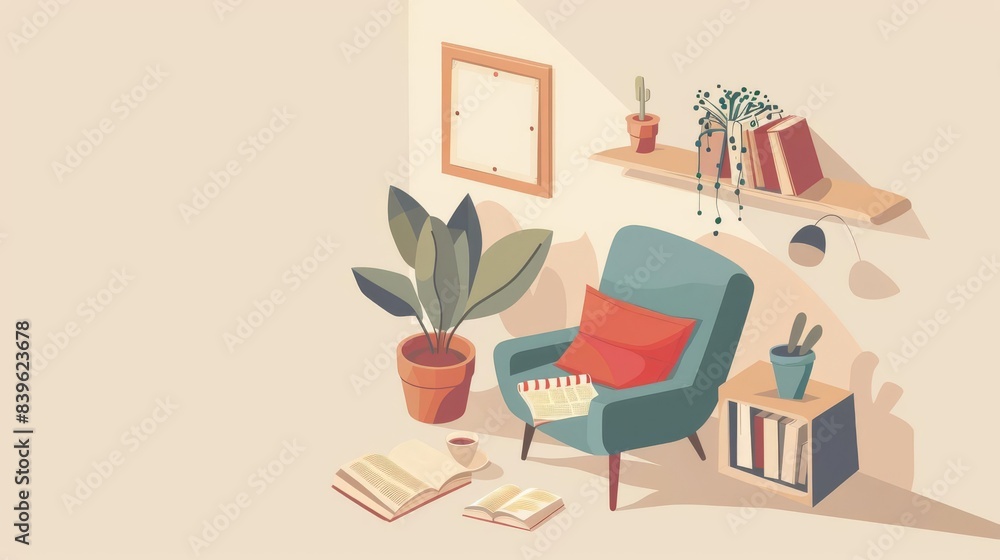 Cozy living room with armchair, books, plants, and a cup of coffee. Cozy living room with armchair, books, plants, and a cup of coffee.
