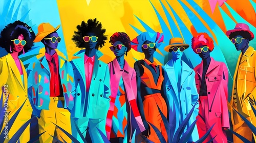 Vibrant and Diverse LGBTQ Group Embracing Surreal Pop Art Fashion in Bold and Colorful Pointillist Environment