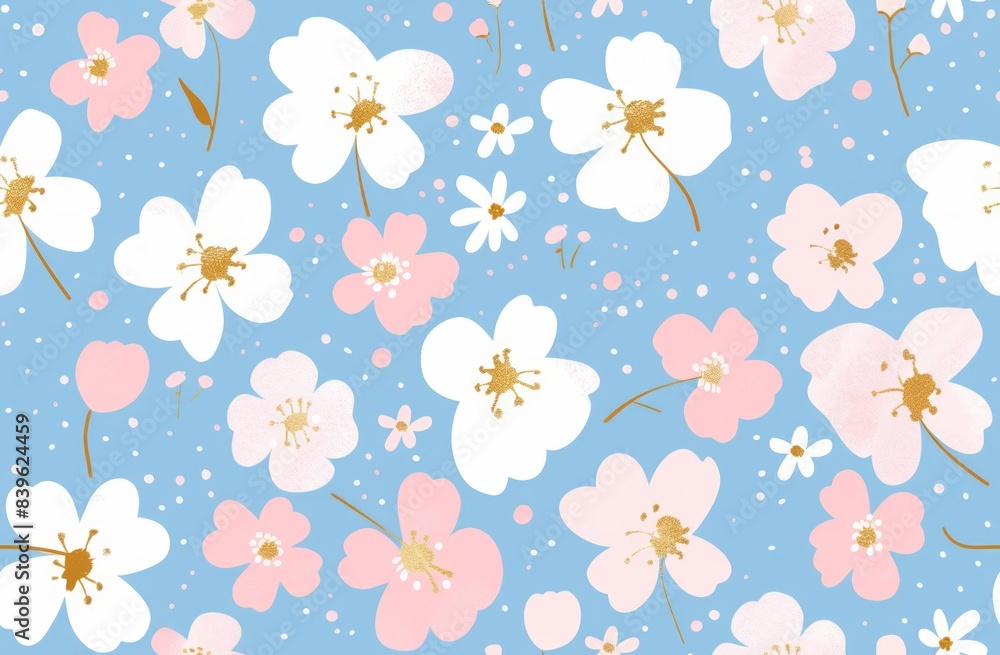 Soft pastel blue and pink repeating pattern with intricate white floral designs and subtle gold details, flat illustration style Soft pastel blue and pink repeating pattern with intricate white floral designs and subtle gold details, flat illustration style