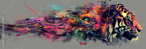 a colorful splash of paint forms the head and mane of a majestic tiger, creating a vibrant design on a grey background

