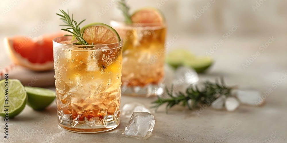 Grapefruit Soda Lime Mocktail with Rosemary Closeup on Beige Background. Concept Mocktail Recipe, Grapefruit Soda Lime, Rosemary Garnish, Closeup Photography, Beige Background Grapefruit Soda Lime Mocktail with Rosemary Closeup on Beige Background. Concept Mocktail Recipe, Grapefruit Soda Lime, Rosemary Garnish, Closeup Photography, Beige Background