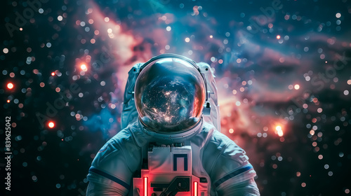 astronaut with Earth reflected in the visor, set against the vastness of space with distant galaxies in the background