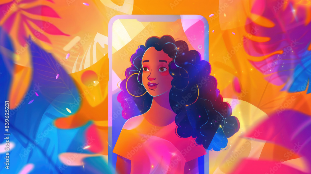 An illustration of a beautiful curly-haired woman on a phone screen surrounded by monstera leaves. Social Media Day An illustration of a beautiful curly-haired woman on a phone screen surrounded by monstera leaves. Social Media Day