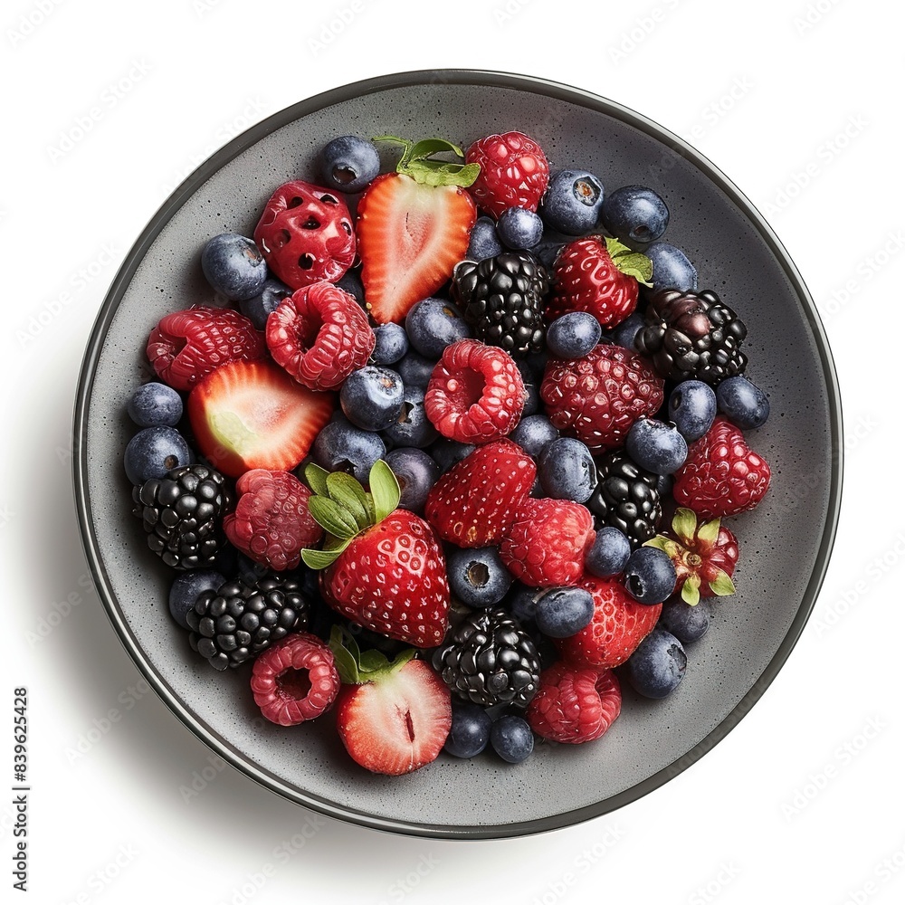 A bowl of juicy and fresh mixed berries top view isolated on a white background A bowl of juicy and fresh mixed berries top view isolated on a white background