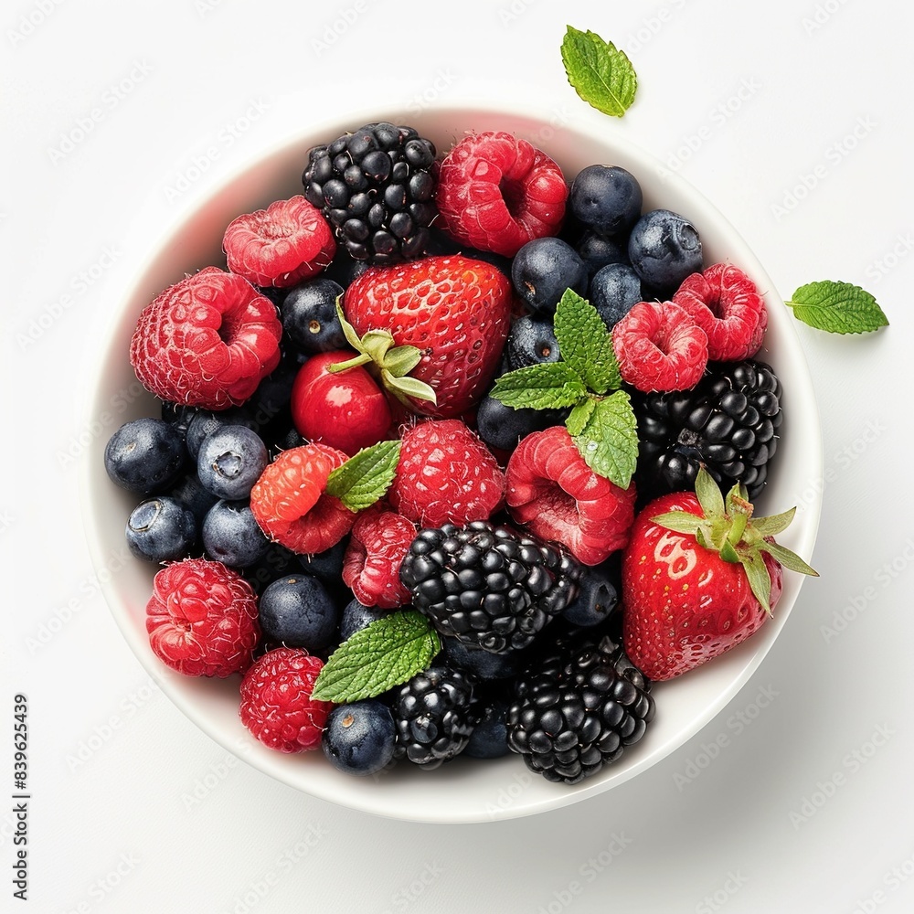 A bowl of juicy and fresh mixed berries top view isolated on a white background A bowl of juicy and fresh mixed berries top view isolated on a white background