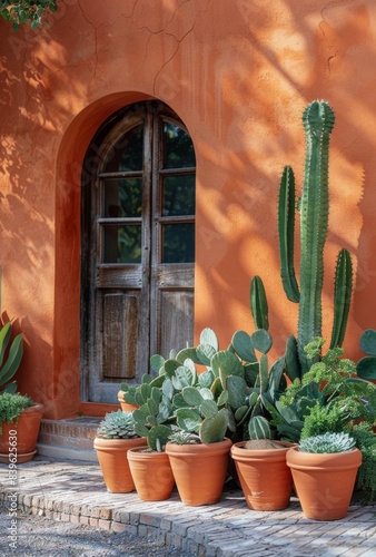 A Row of Potted Cacti in Front of an Orange Wall With a Window