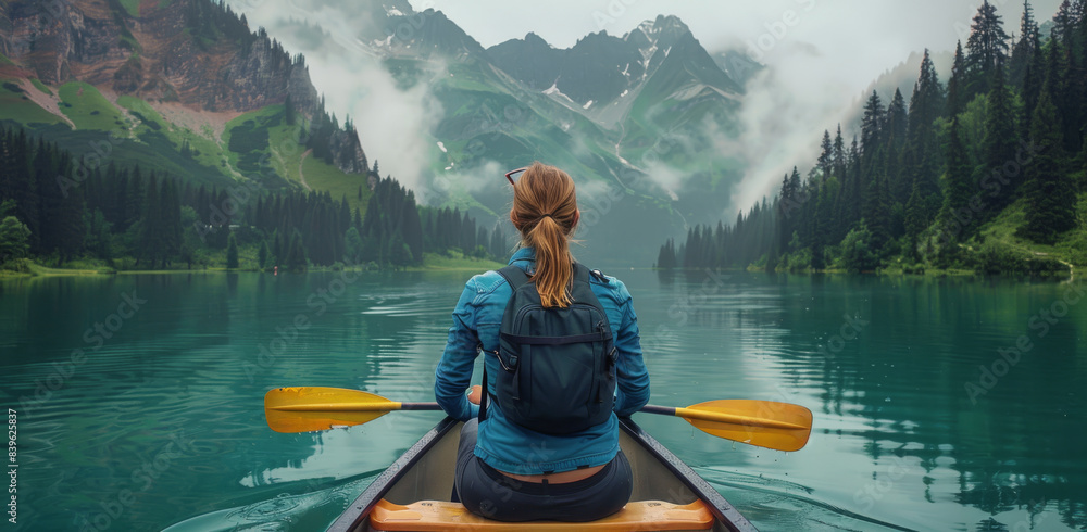 Woman Canoeing on a Serene Mountain Lake in a Misty Landscape Woman Canoeing on a Serene Mountain Lake in a Misty Landscape