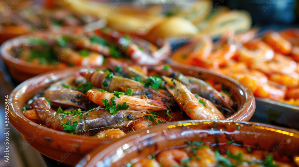 Obraz premium Appetizing spanish tapas with anchovies and shrimp close-up in the restaurant of San Sebastian, Donostia, Spain