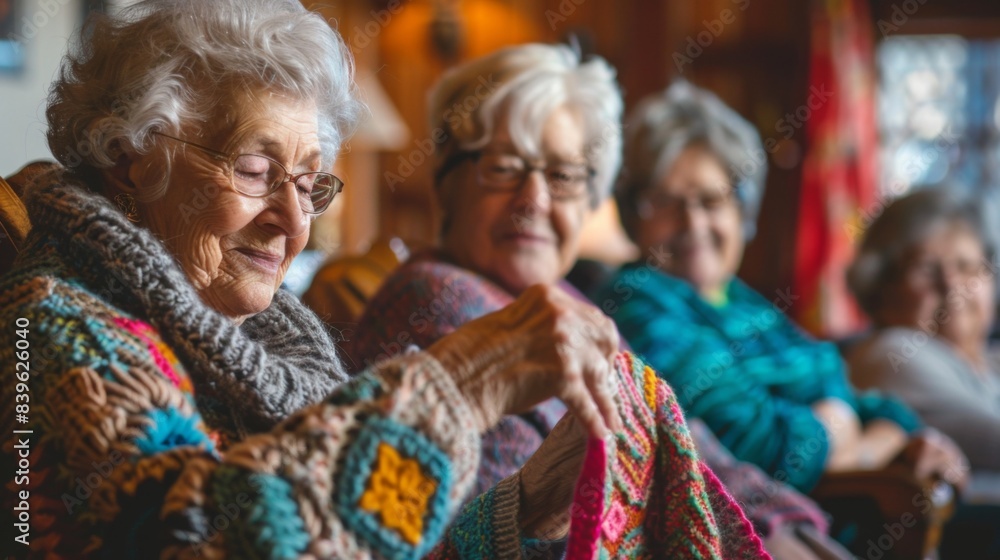 Elderly women knitting and socializing in a comfortable, inviting setting