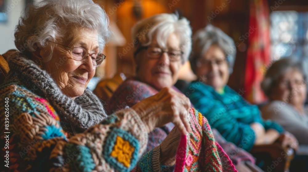 Elderly women knitting and socializing in a comfortable, inviting setting Elderly women knitting and socializing in a comfortable, inviting setting